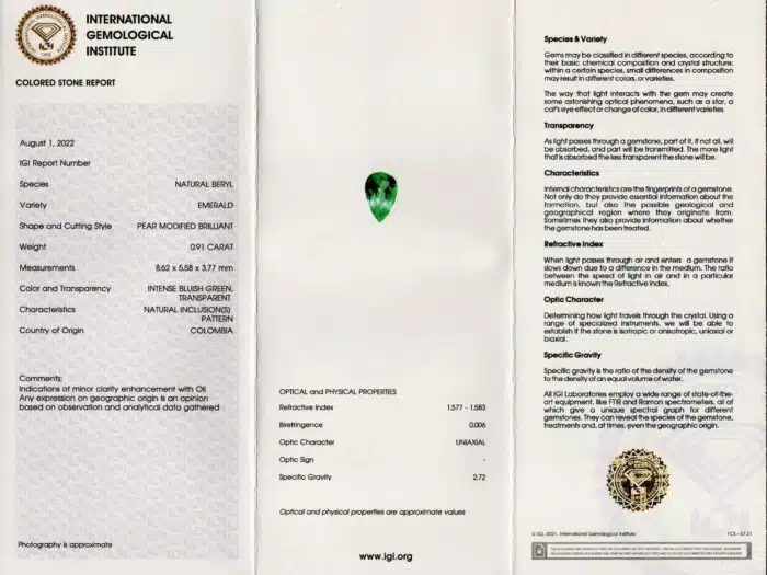 Orecchini pendenti smeraldi goccia Prestige White - Gioielleria Casavola di Noci - certificato IGI Anversa della gemma da 0.91 ct