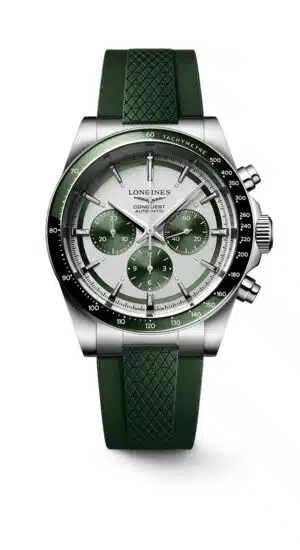 Longines Conquest L3.835.4.02.9 - Gioielleria Casavola di Noci - cronografo automatico svizzero in acciaio INOX con quadrante panda argentato - cinturino in caucciù verde