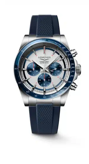 Longines Conquest L3.835.4.98.9 - Gioielleria Casavola di Noci - cronografo automatico svizzero in acciaio INOX con quadrante panda argentato - cinturino in caucciù blu